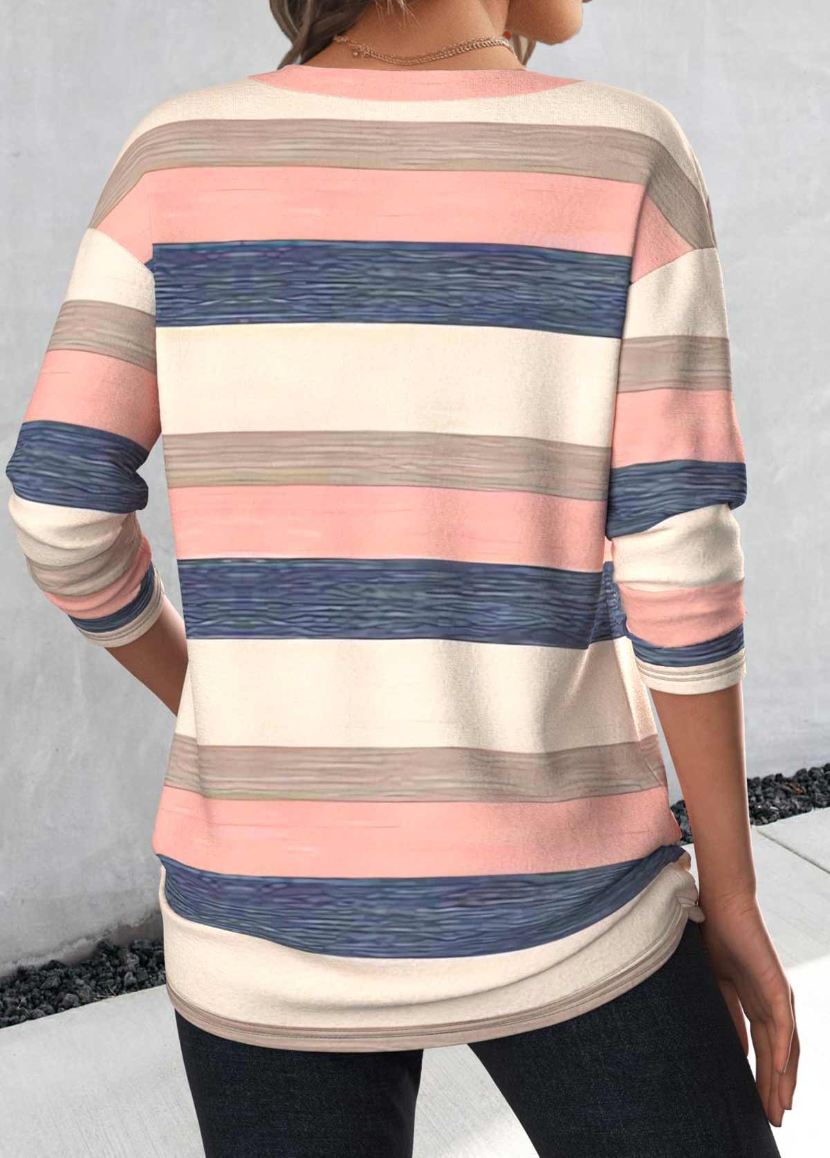 Light Pink Button Striped Long Sleeve T Shirt