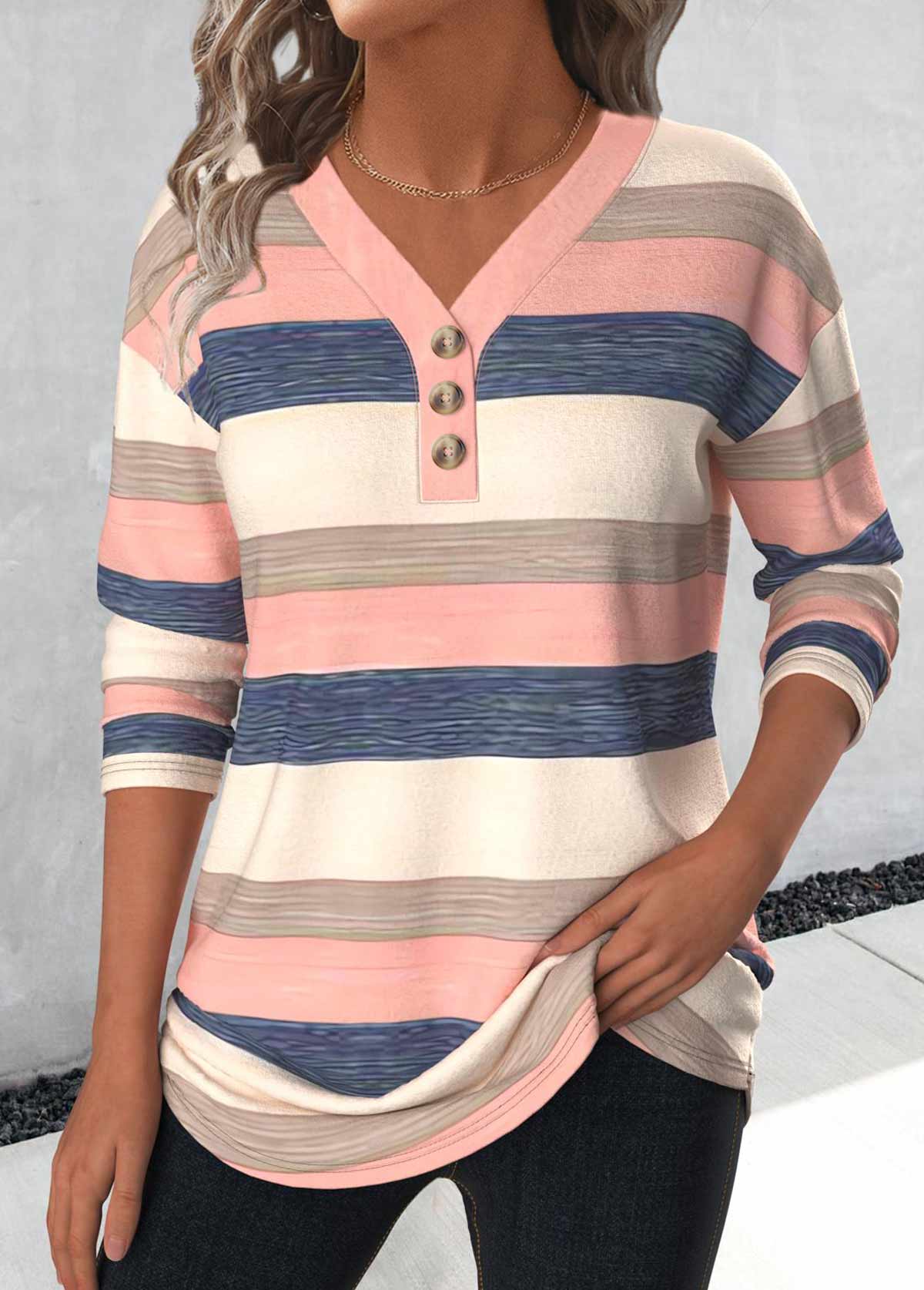 Light Pink Button Striped Long Sleeve T Shirt