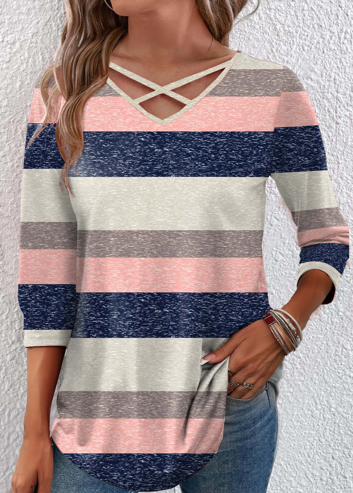 Multi Color Criss Cross Striped 3/4 Sleeve T Shirt