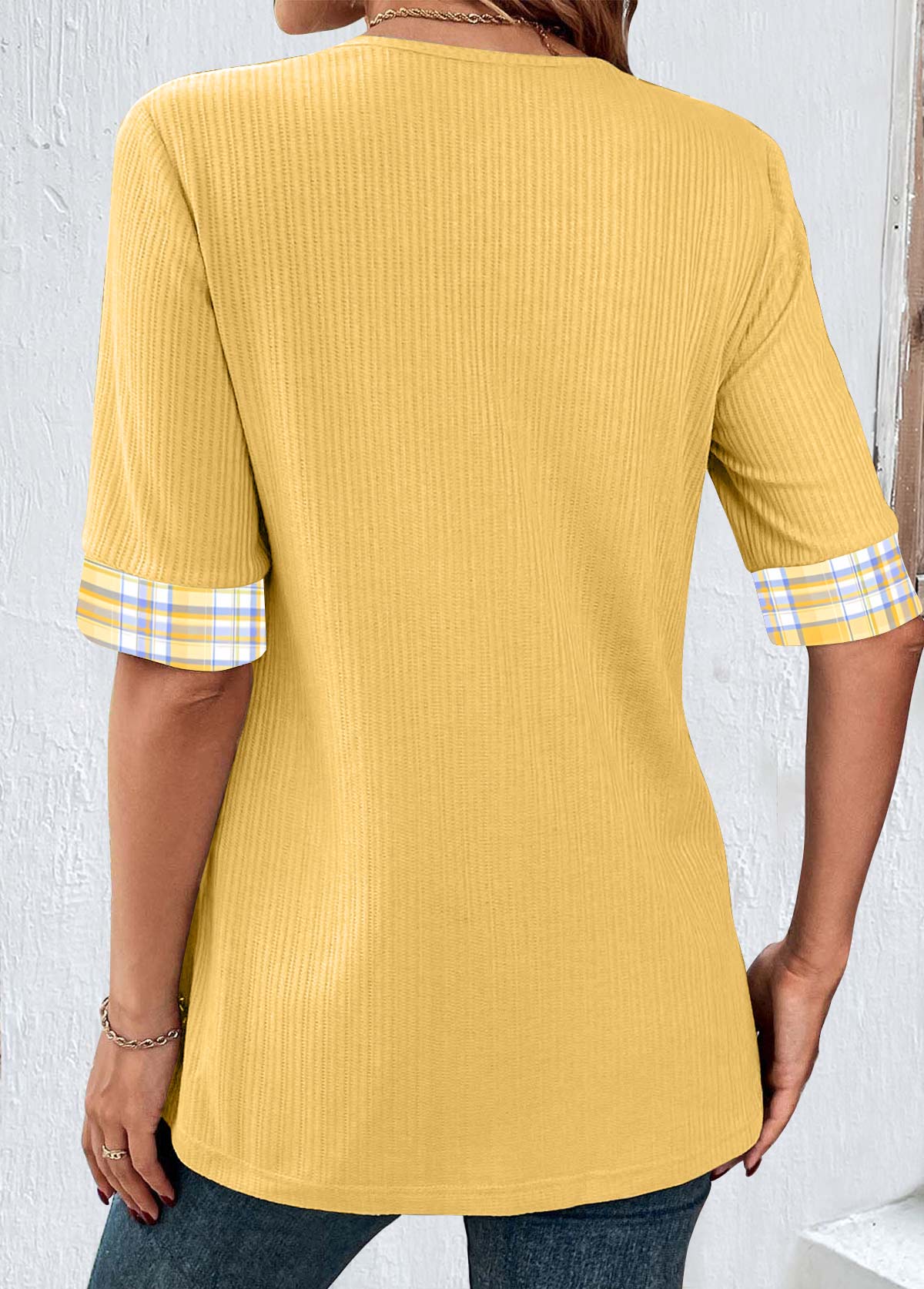 Plus Size Yellow Fake 2in1 Plaid T Shirt | picture 