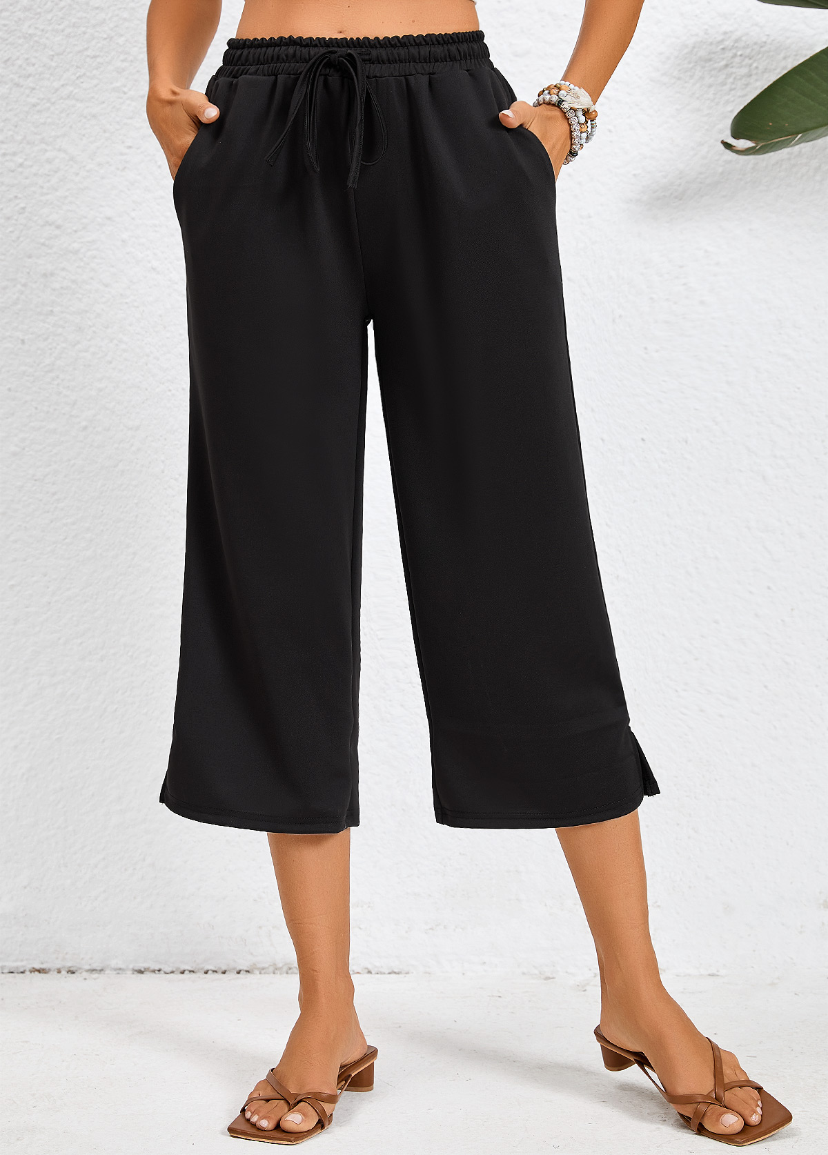 Black Pocket Elastic Waist High Waisted Pants | picture 