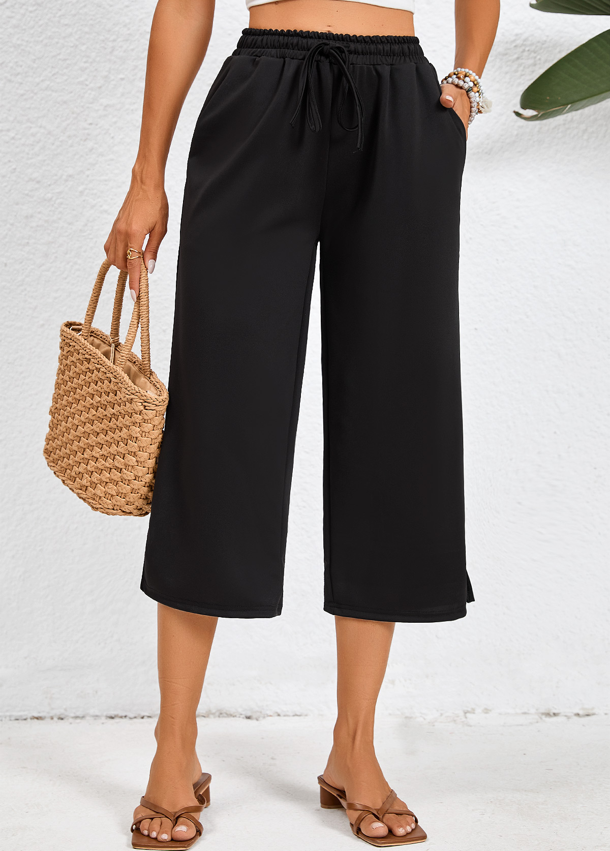 Black Pocket Elastic Waist High Waisted Pants | picture 