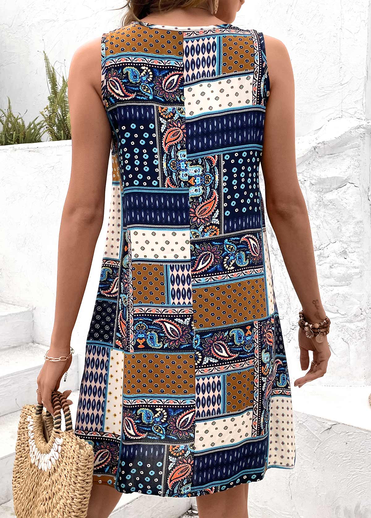 Multi Color Patchwork Tribal Print Short A Line Dress