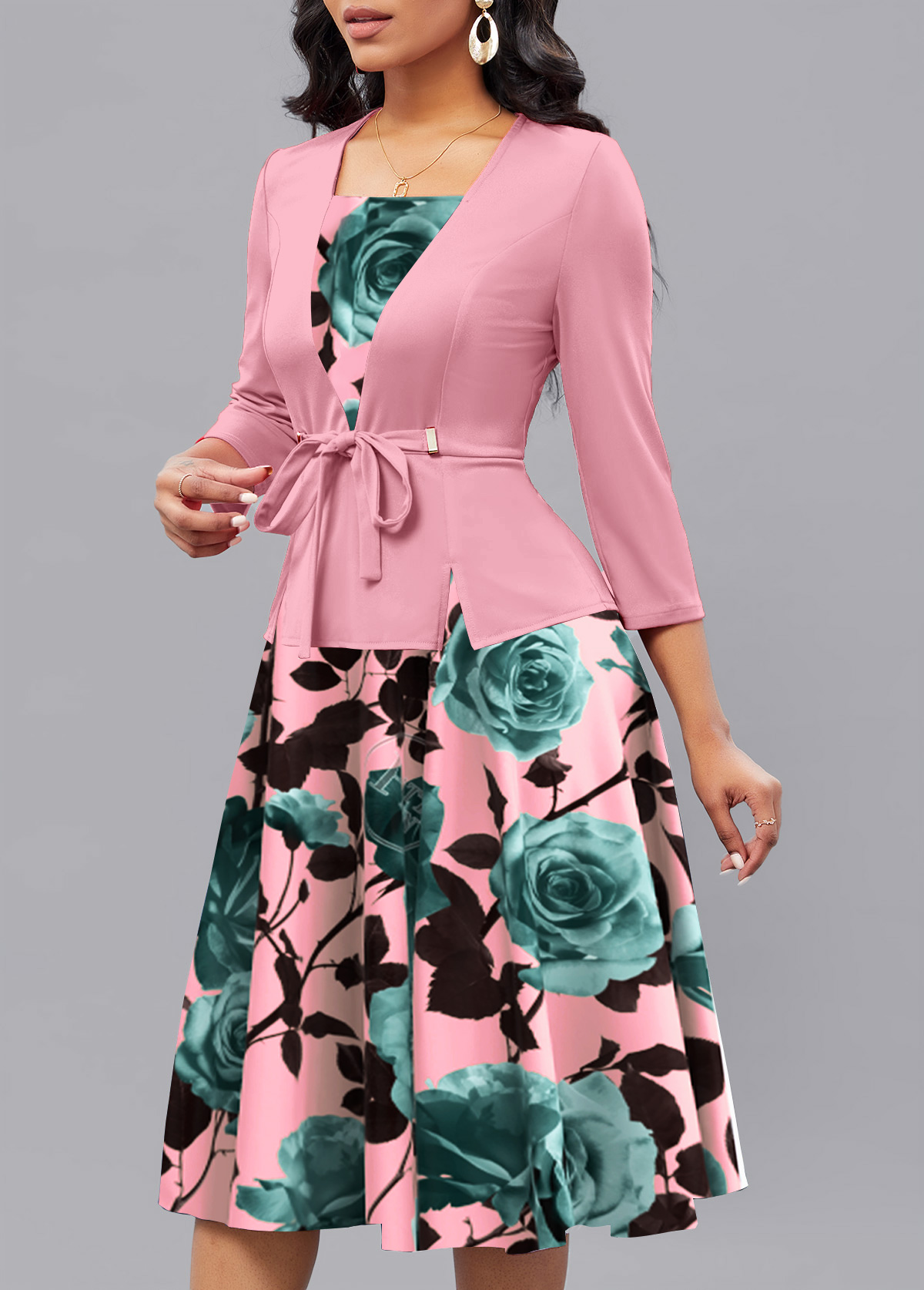 Pink Patchwork Floral Print 3/4 Sleeve Square Neck Dress