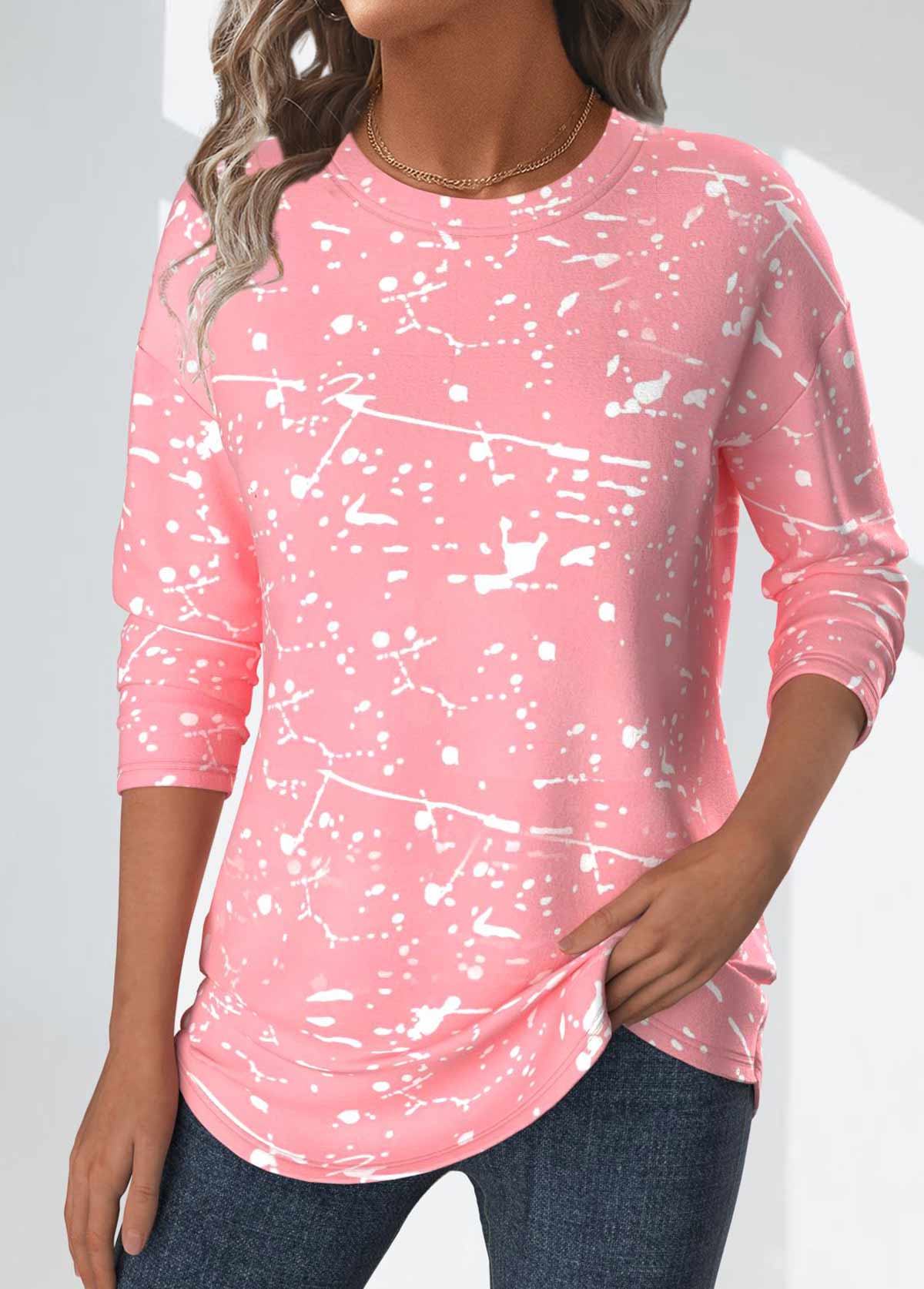 Light Pink Geometric Print Long Sleeve T Shirt