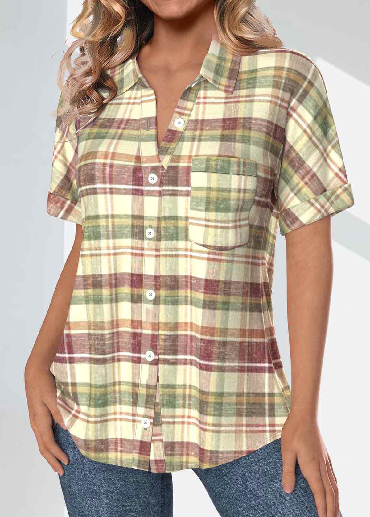 Multi Color Pocket Plaid Short Sleeve Shirt Collar Blouse