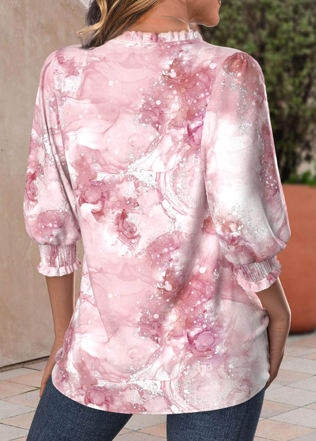 Light Pink Frill Marble Print 3/4 Sleeve Blouse