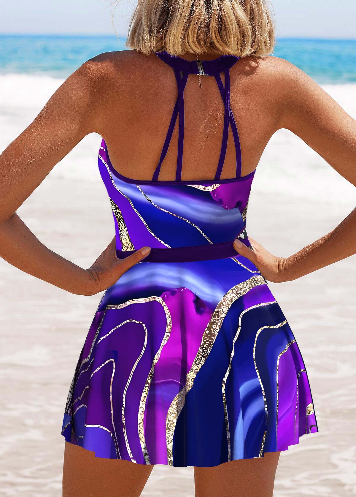 Cage Neck Dazzle Colorful Print Purple Swimdress and Panty