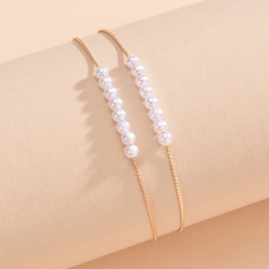 Gold Beaded Alloy Layered Pearl Anklet