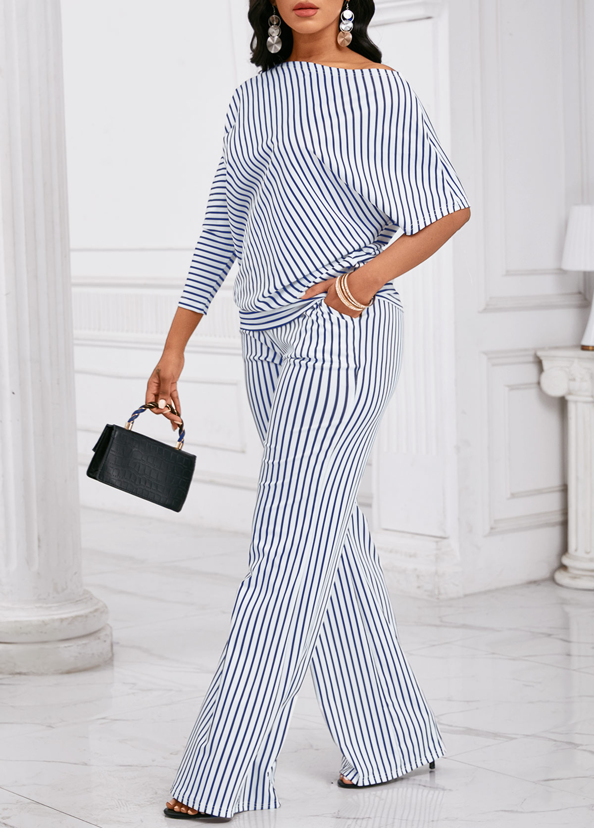 Blue Asymmetry Striped Long 3/4 Sleeve Top and Pants