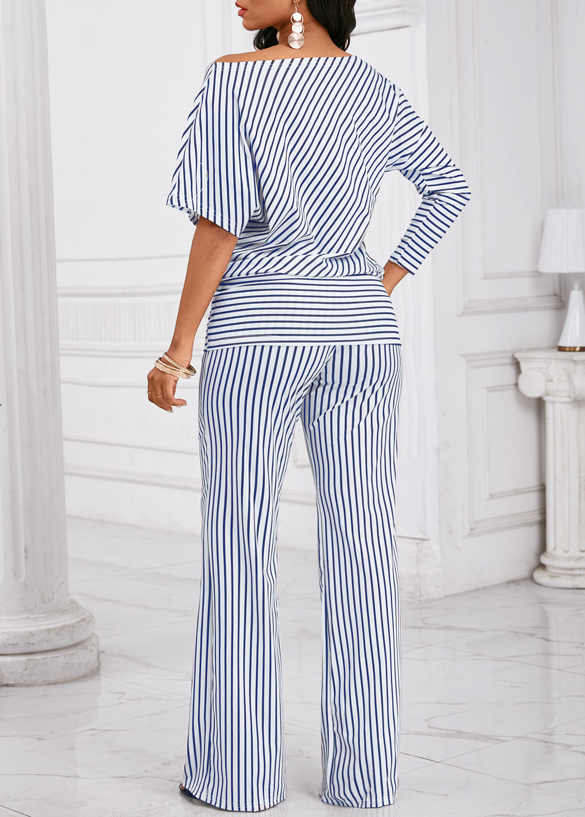 Blue Asymmetry Striped Long 3/4 Sleeve Top and Pants