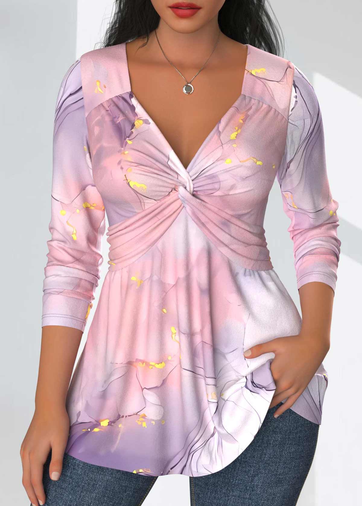 Light Pink Twist Marble Print Long Sleeve T Shirt