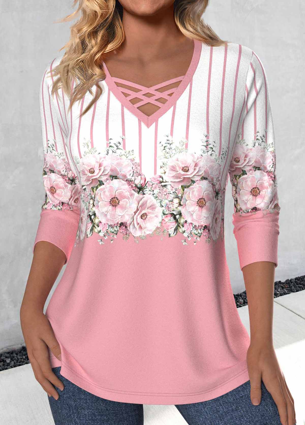 Pink Criss Cross Floral Print Long Sleeve T Shirt