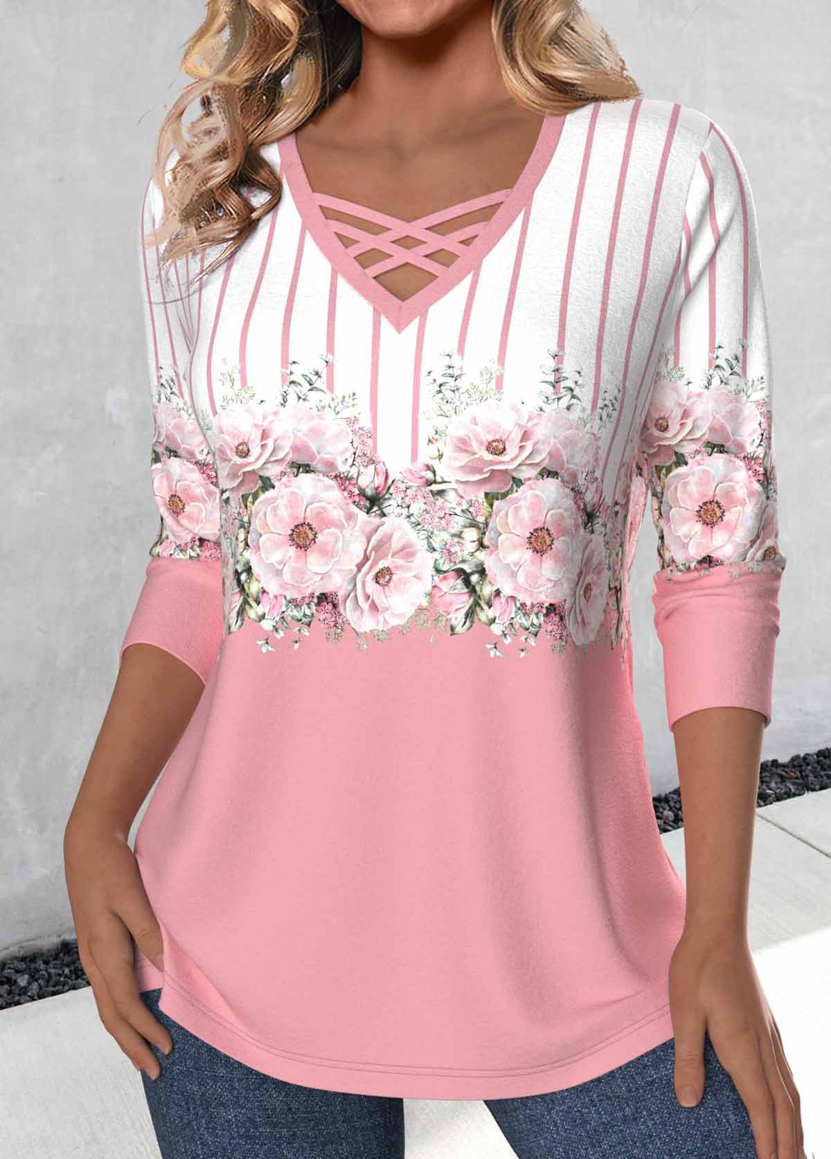 Pink Criss Cross Floral Print Long Sleeve T Shirt