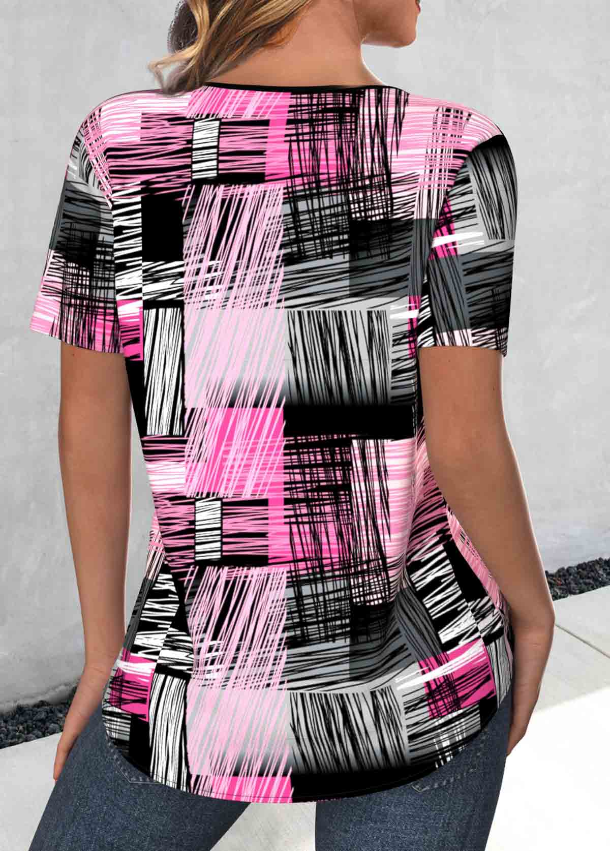 Hot Pink Lace Up Geometric Print T Shirt