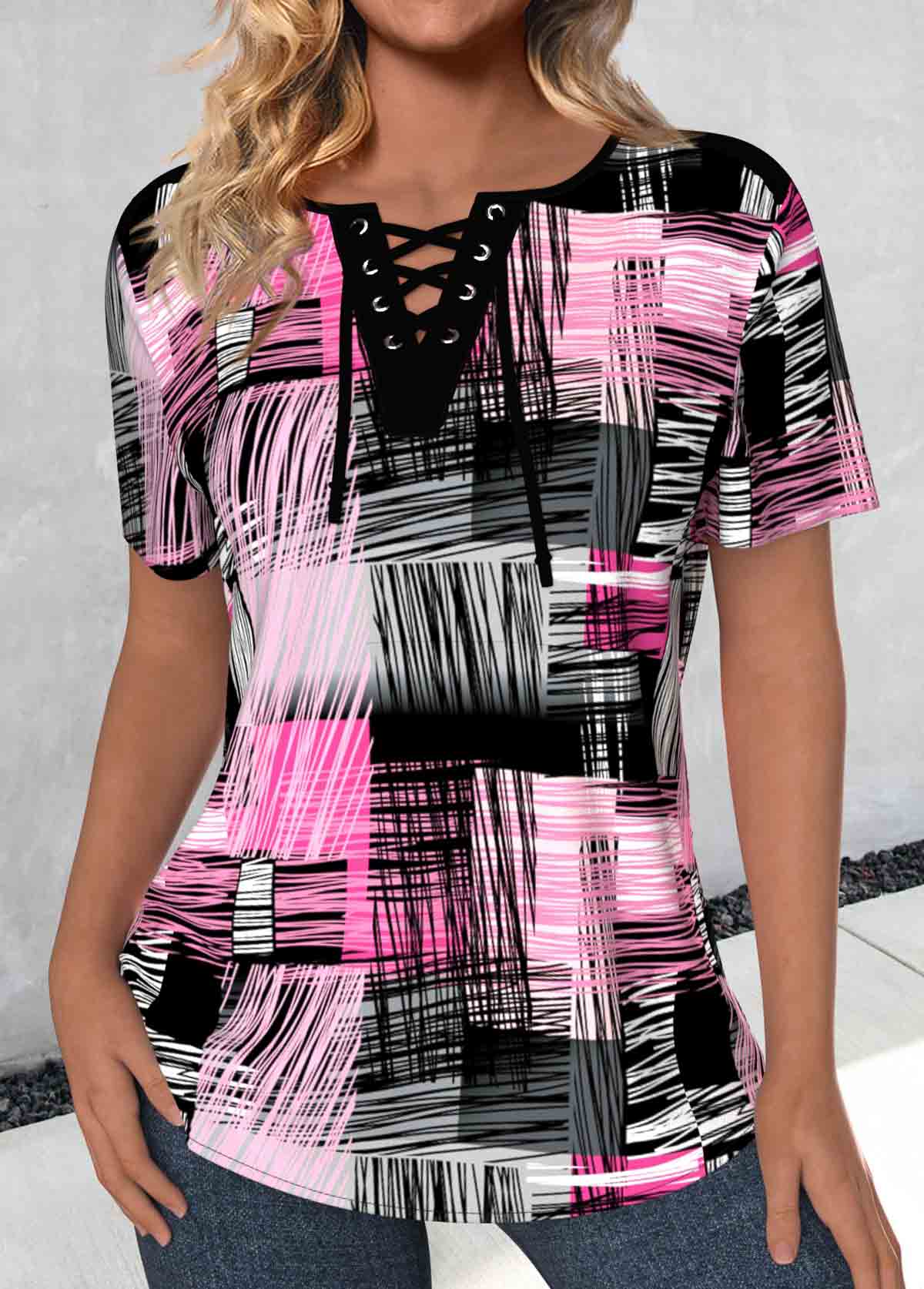 Hot Pink Lace Up Geometric Print T Shirt