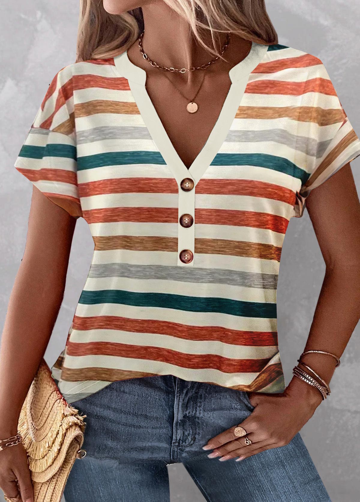 Multi Color Button Striped Short Sleeve T Shirt