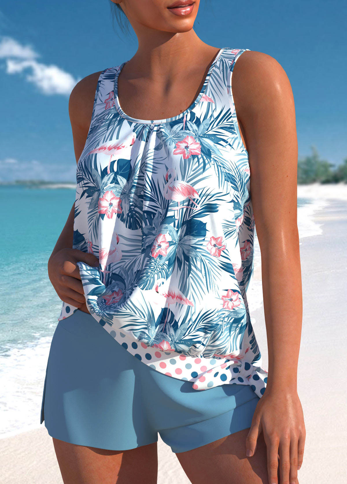 Patchwork Floral Print Dusty Blue Tankini Set | picture 
