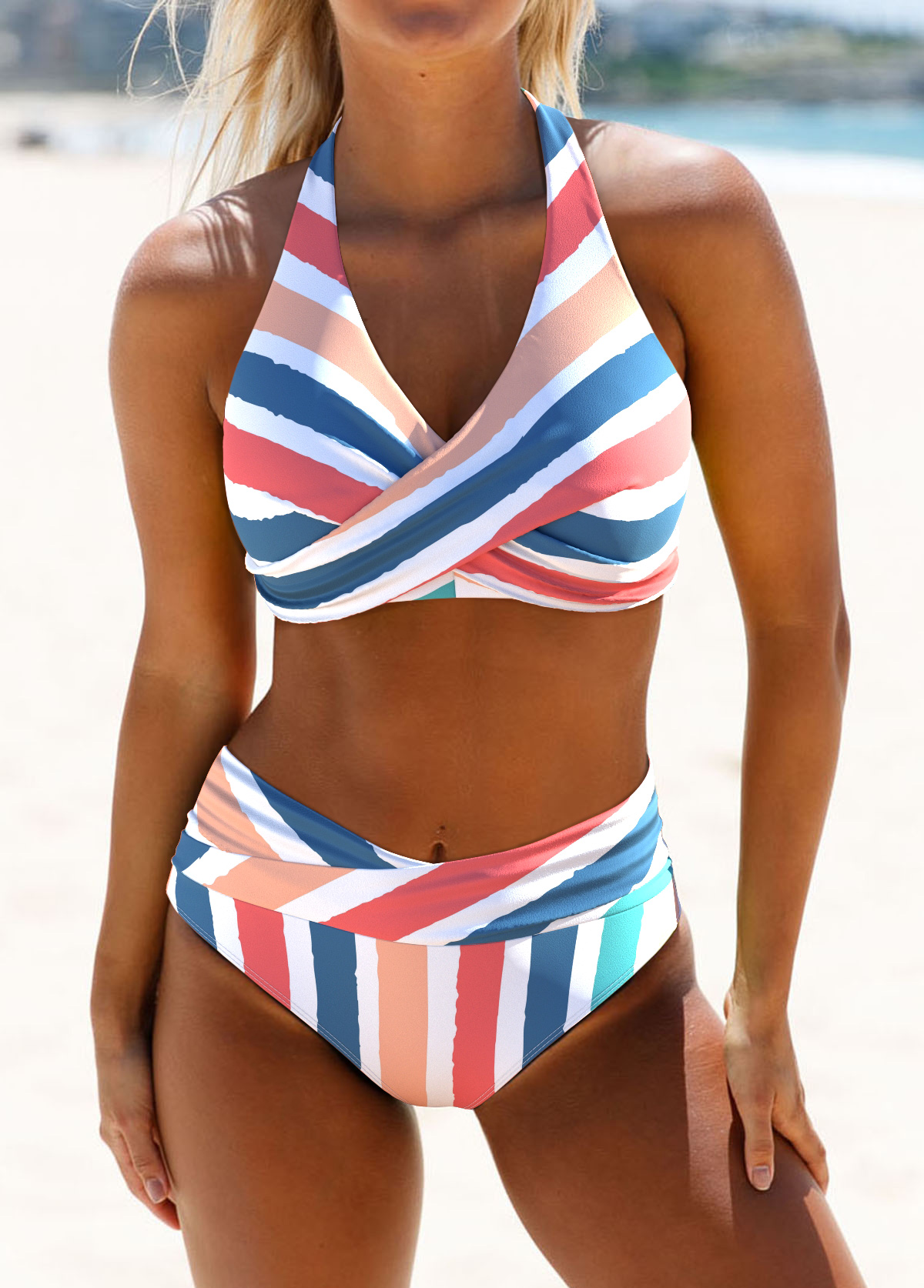 Criss Cross Striped Multi Color Bikini Set