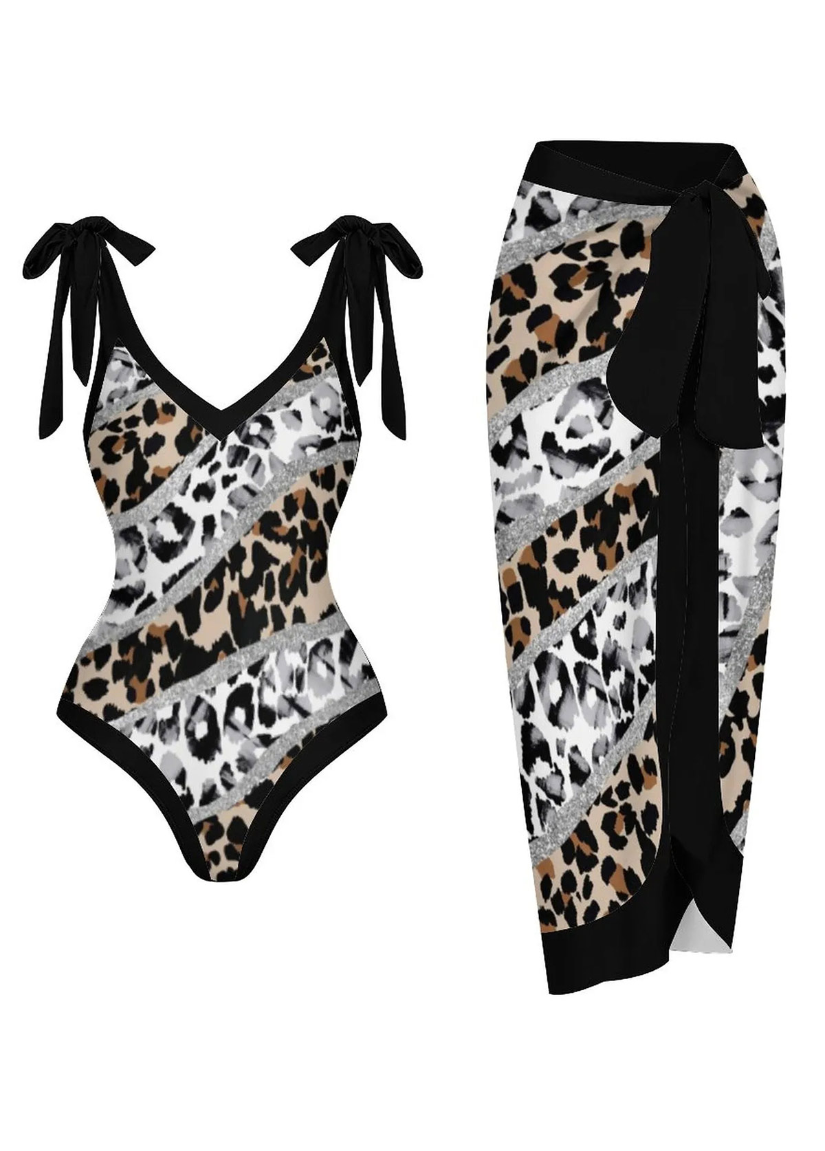 Leopard Bnowknot Black One Piece Swimwear and Skirt