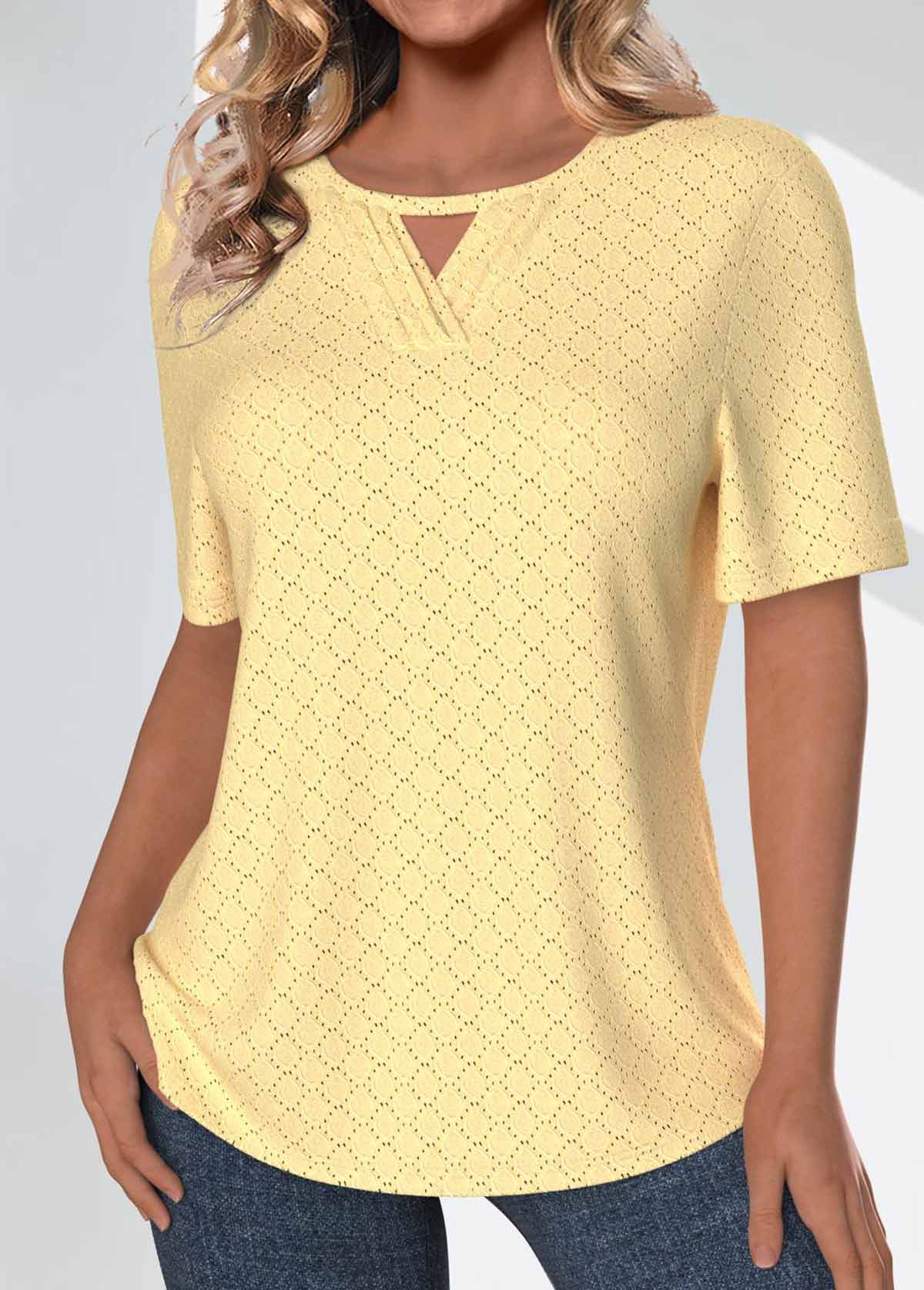 Light Yellow Jacquard Short Sleeve Round Neck T Shirt