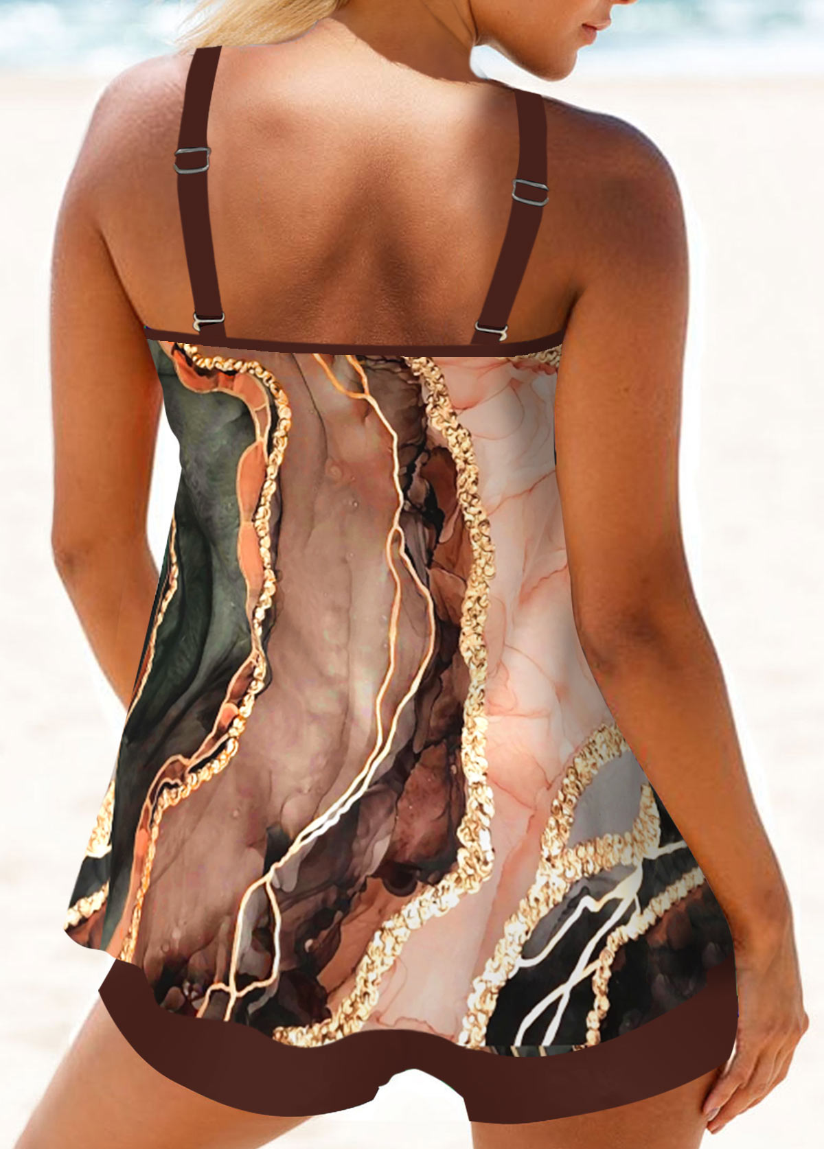Circular Ring Marble Print Dark Coffee Tankini Set | picture 