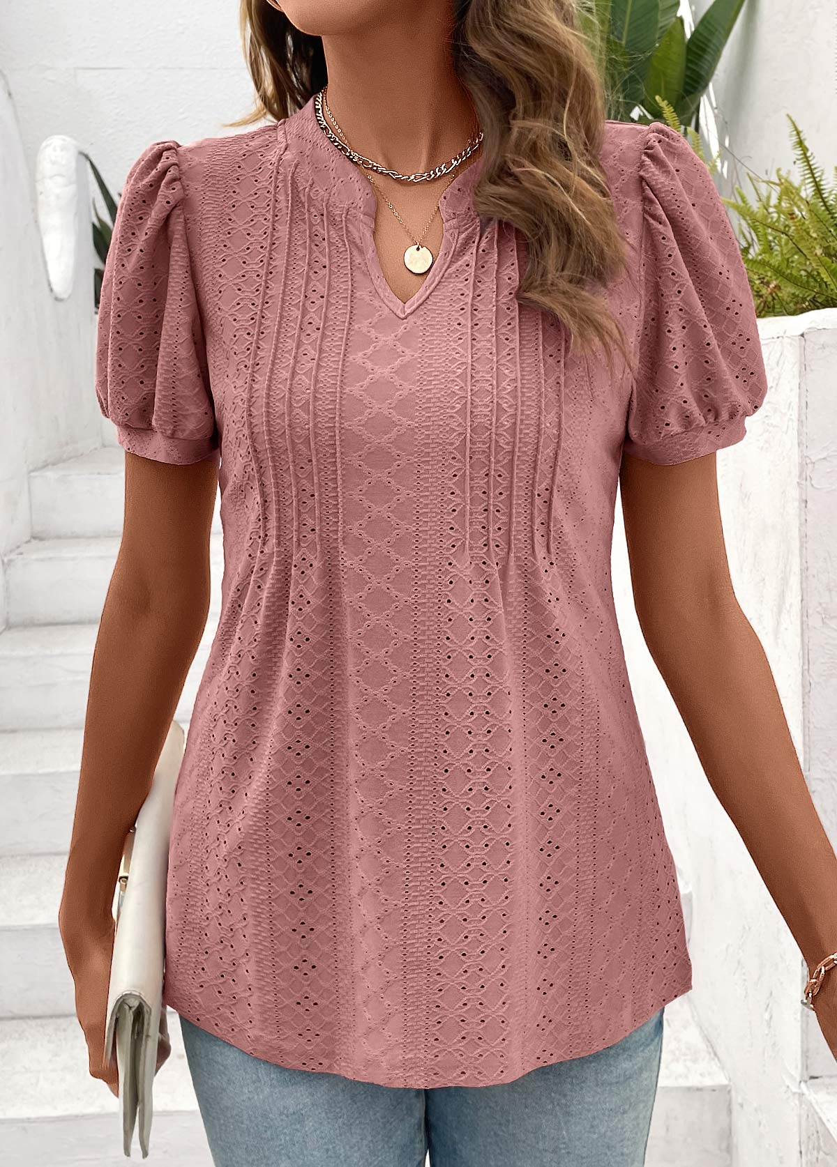Pink Tuck Stitch Short Sleeve Split Neck T Shirt