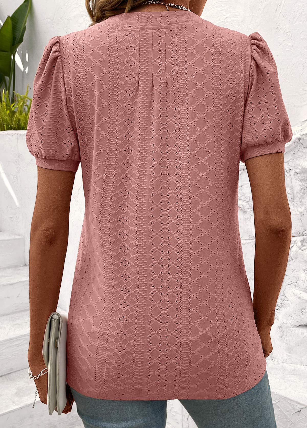 Pink Tuck Stitch Short Sleeve Split Neck T Shirt