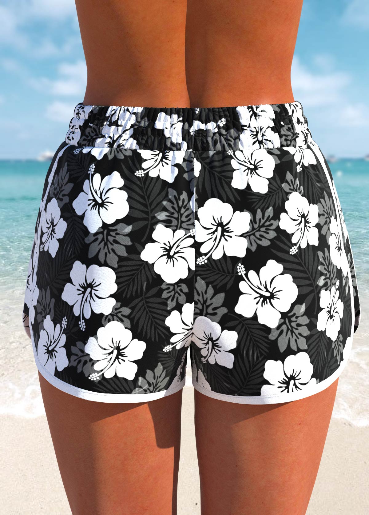 High Waisted Floral Print Black Swim Shorts