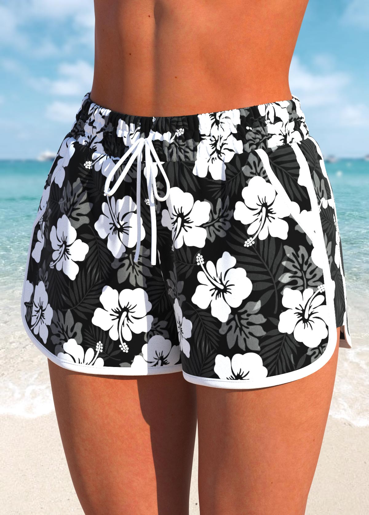 High Waisted Floral Print Black Swim Shorts