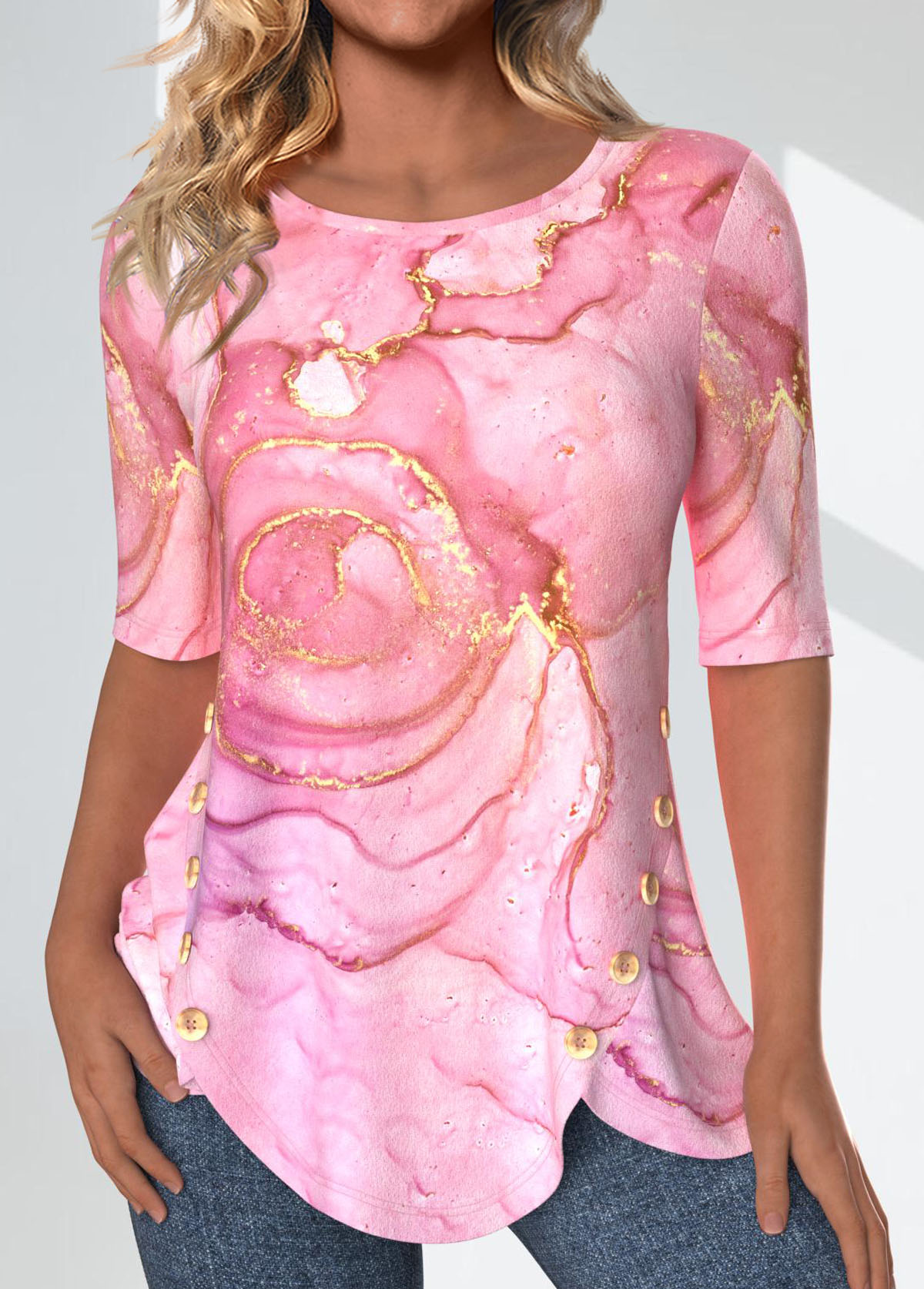 Pink Split Marble Print Half Sleeve T Shirt | picture 