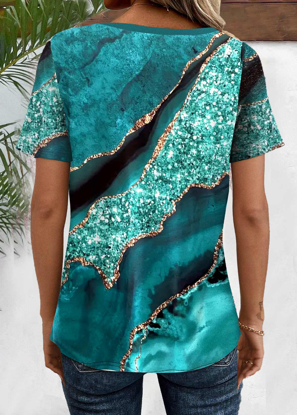 Turquoise Button Marble Print Short Sleeve T Shirt