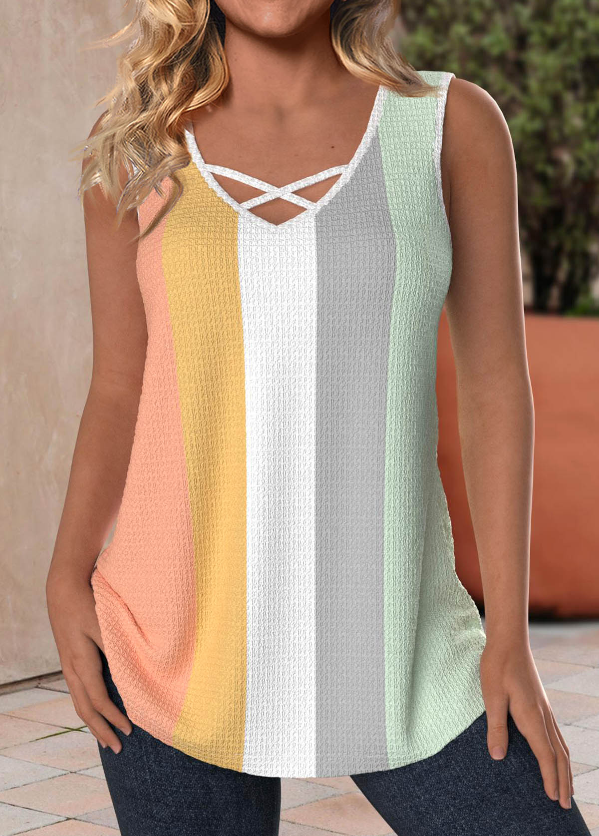 Multi Color Criss Cross V Neck Tank Top | picture 