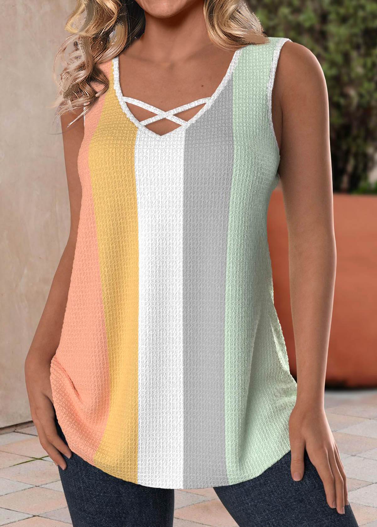 Multi Color Criss Cross V Neck Tank Top | picture 