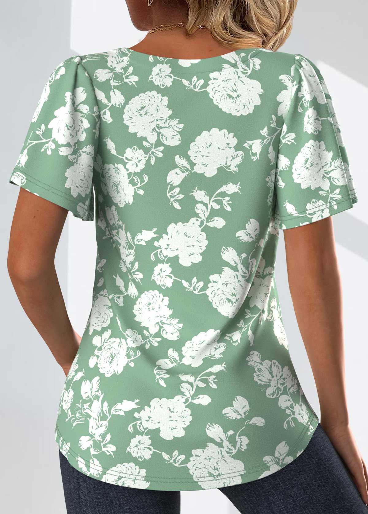 Sage Green Tuck Stitch Floral Print T Shirt