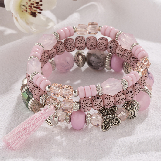 Pink Butterfly Glass Beaded Bracelet Set | picture 