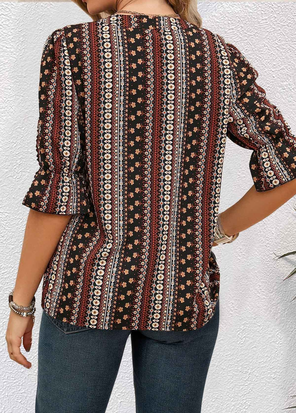 Multi Color Ruched Tribal Print Half Sleeve Blouse