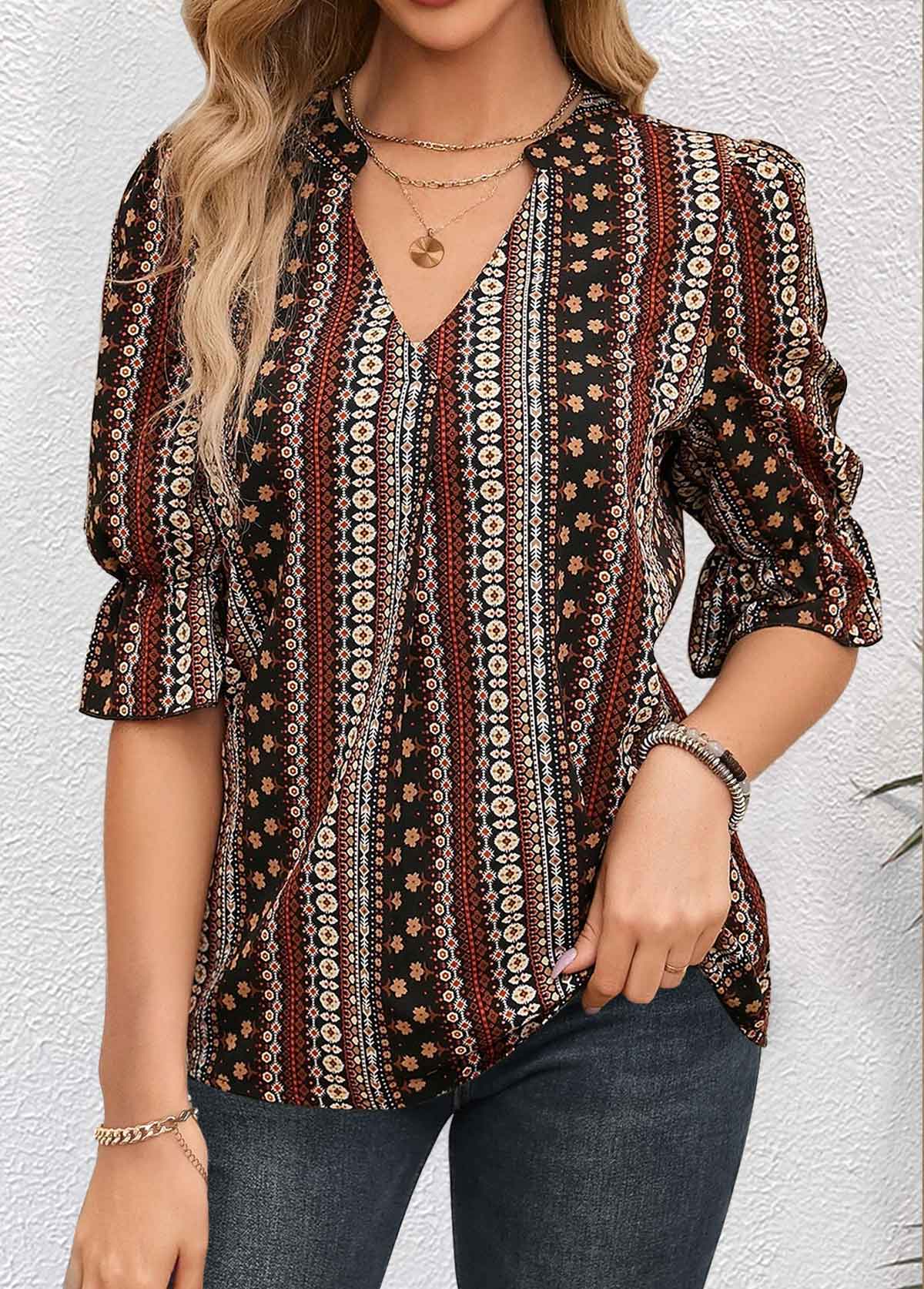 Multi Color Ruched Tribal Print Half Sleeve Blouse