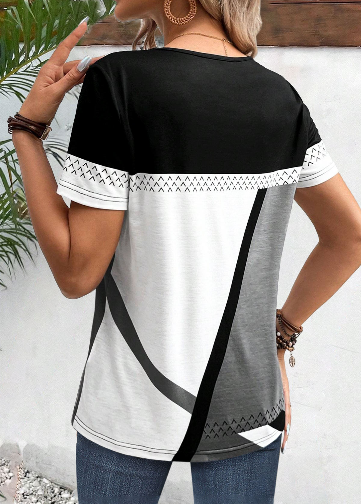 Black Patchwork Geometric Print Short Sleeve T Shirt