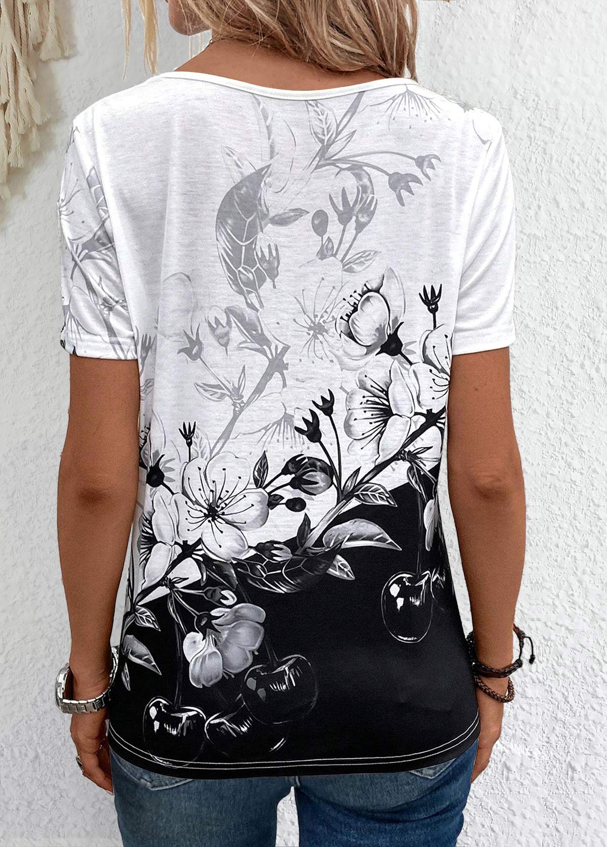 Black Lightweight Floral Print Short Sleeve T Shirt
