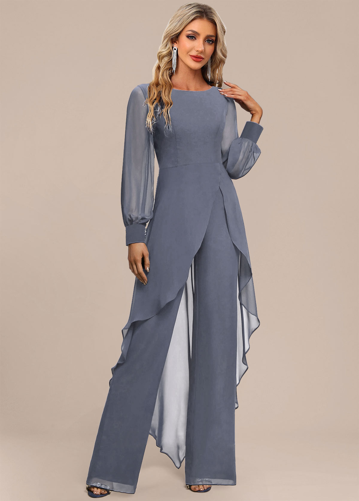 Dusty Blue Patchwork Long Scoop Neck Jumpsuit | picture 