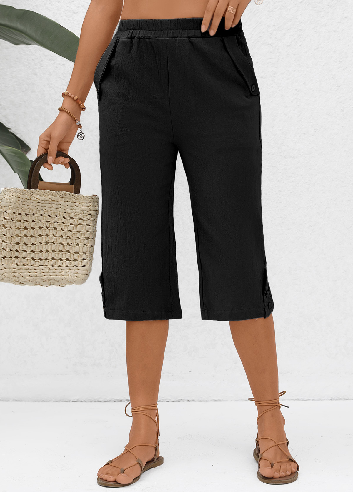 Black Pocket Elastic Waist High Waisted Pants | picture 