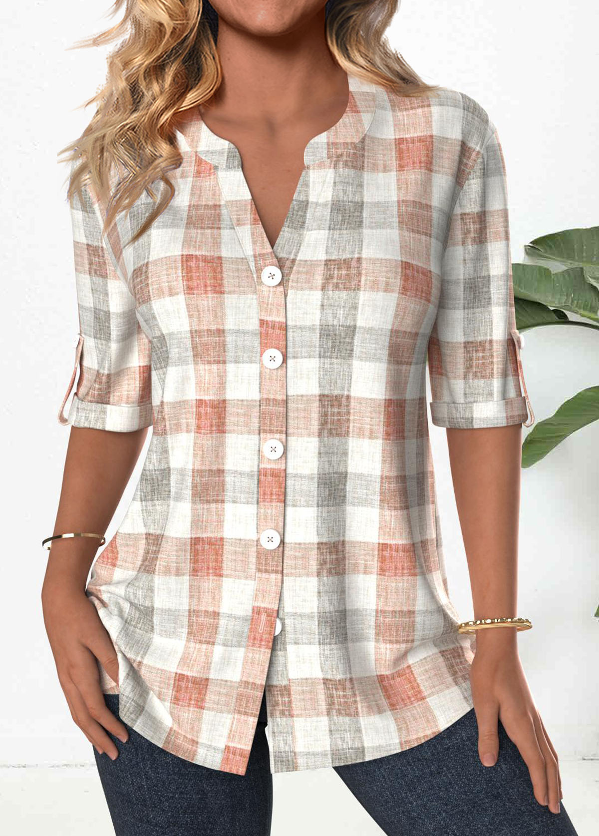 Orange Button Plaid 3/4 Sleeve Split Neck Blouse | picture 