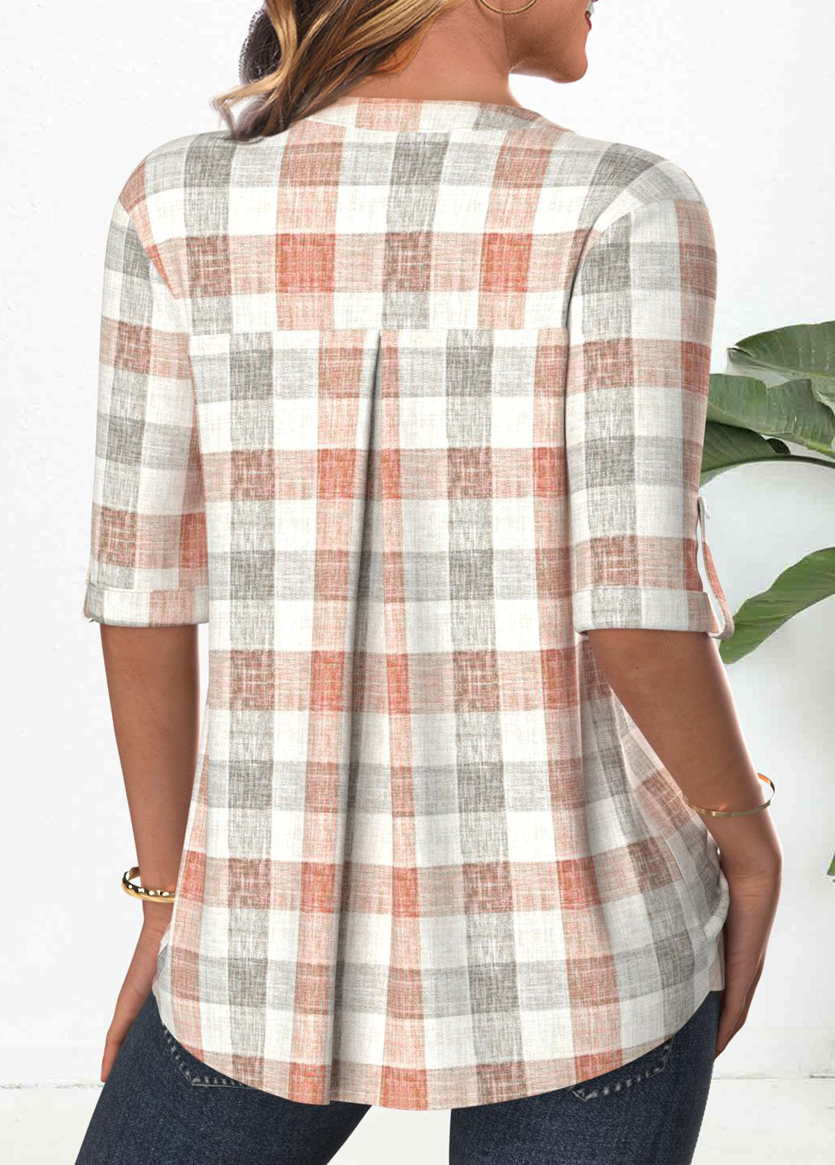 Orange Button Plaid 3/4 Sleeve Split Neck Blouse | picture 