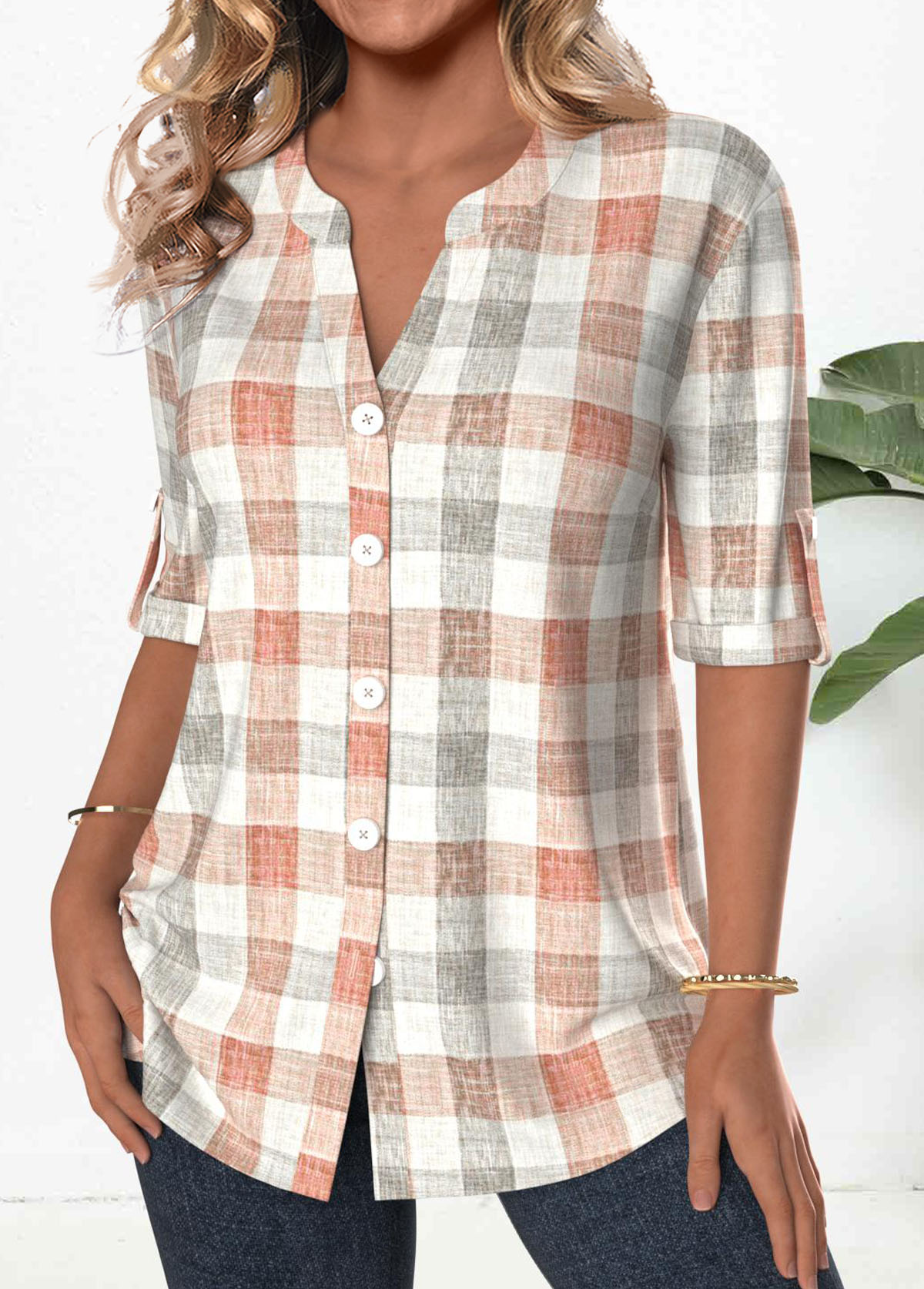 Orange Button Plaid 3/4 Sleeve Split Neck Blouse | picture 