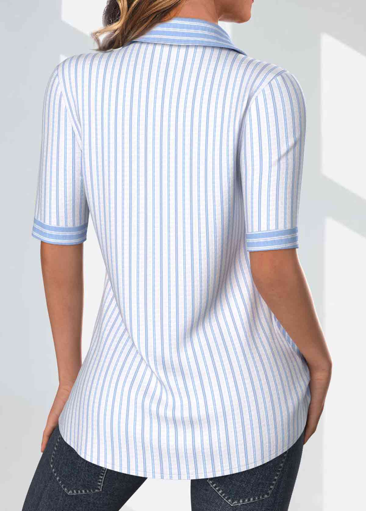 Light Blue Patchwork Striped Half Sleeve Shirt Collar Blouse