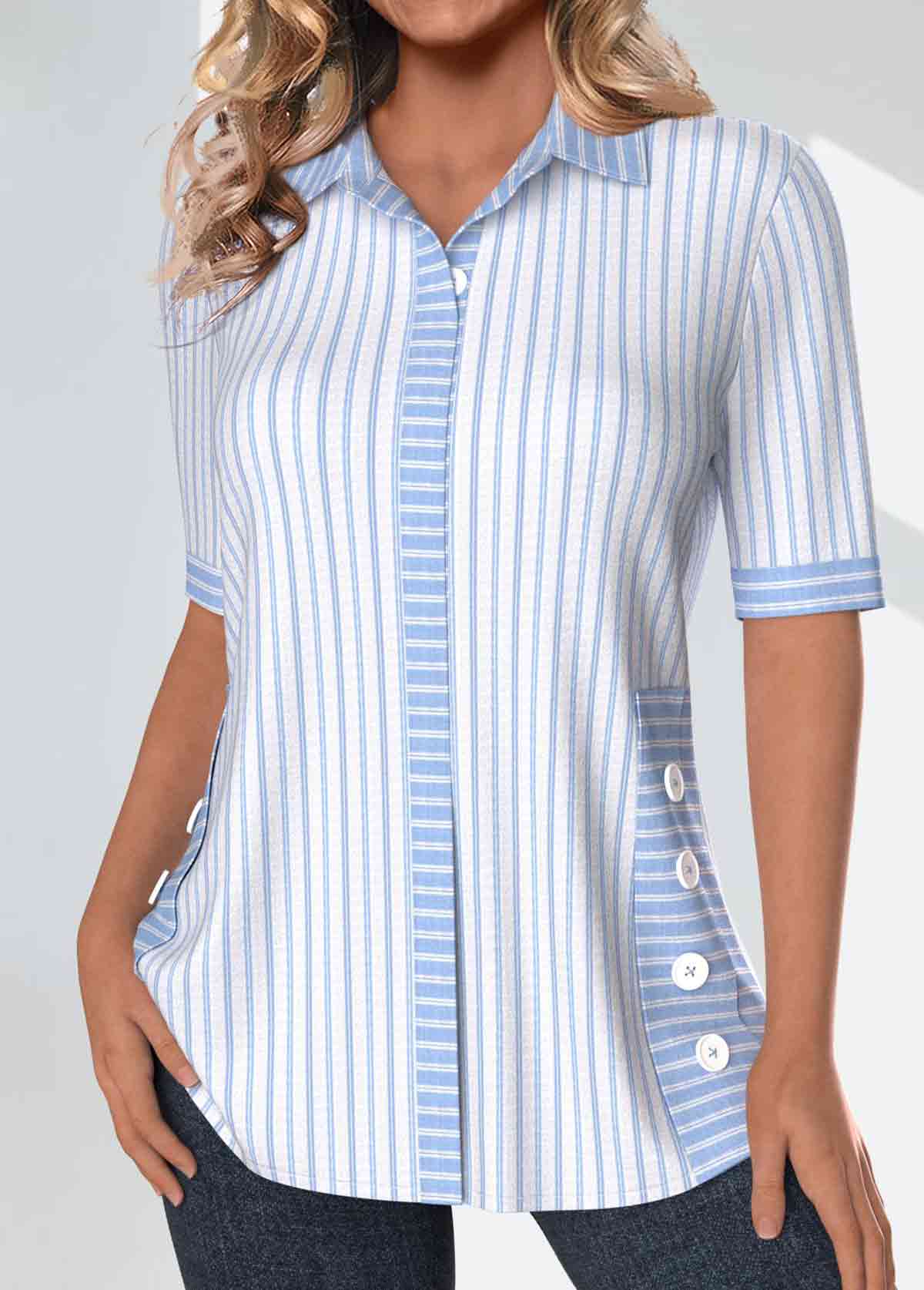 Light Blue Patchwork Striped Half Sleeve Shirt Collar Blouse