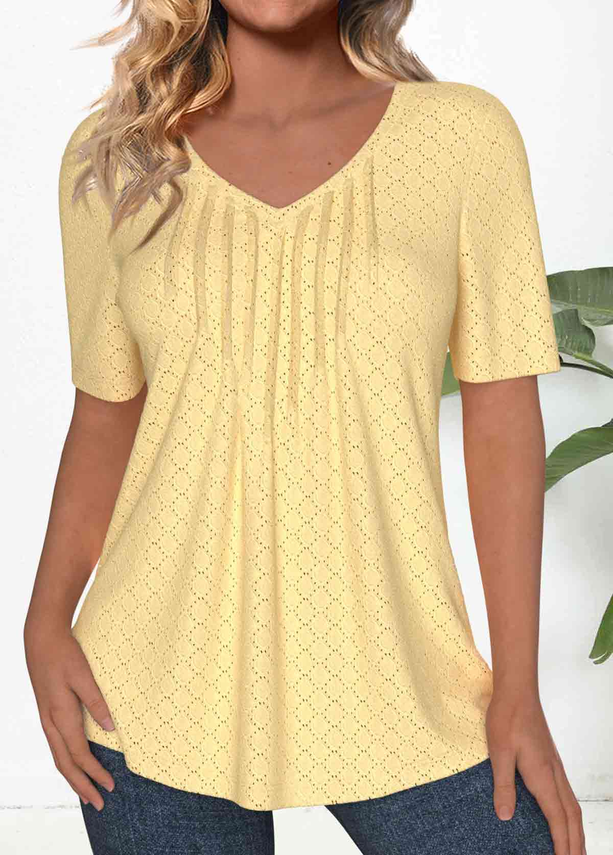 Light Yellow Textured Fabric Short Sleeve T Shirt