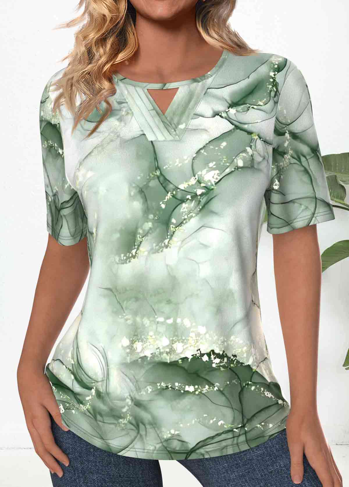 Light Green Tuck Stitch Marble Print T Shirt