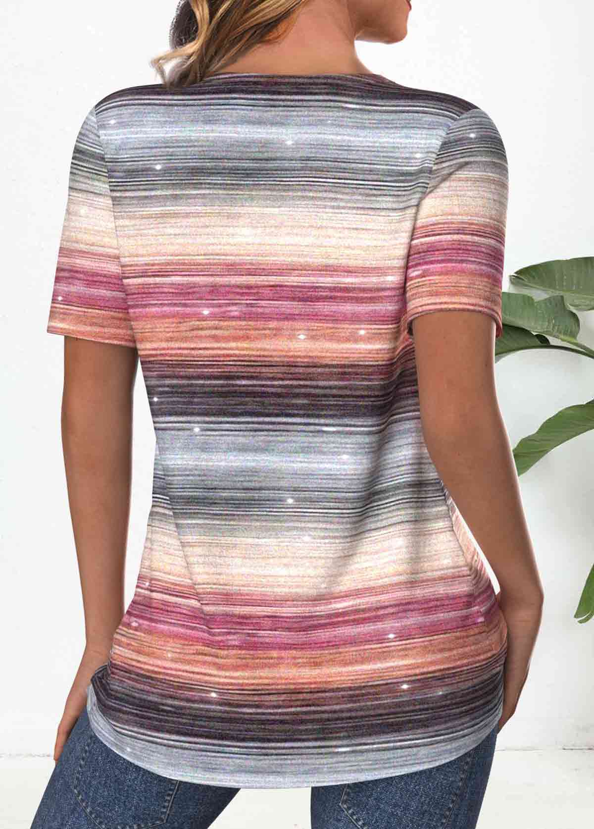 Multi Color Criss Cross Striped Short Sleeve T Shirt